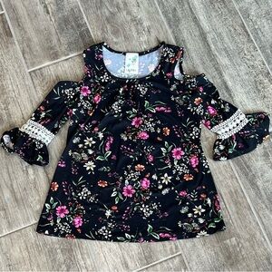Lily Bleu Girls Floral Cold Shoulder Top Bell‎ Sleeve Black Pink Size 7/8